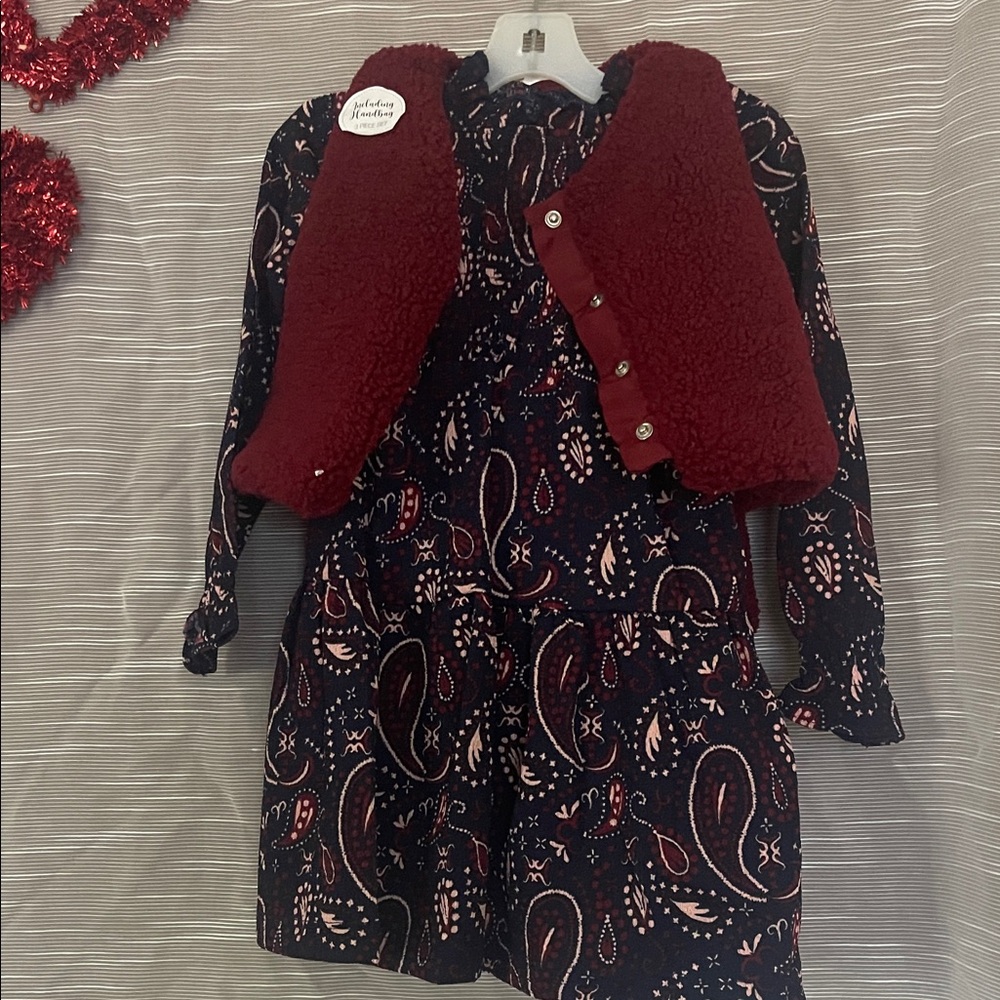 Miss Burgundy Vest with Patterned Dress with matching purse